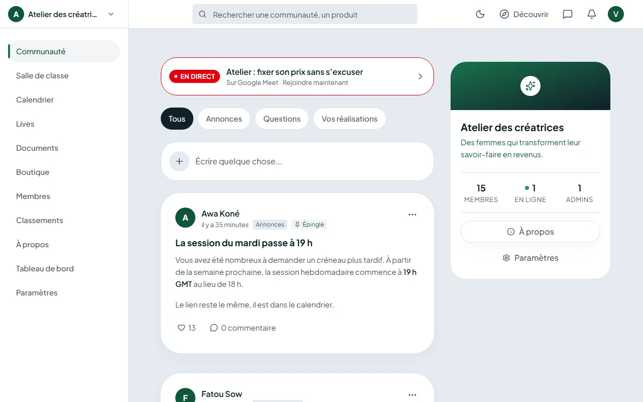 Le fil d’une communauté dans Tockal : un direct en cours, les publications des membres et les espaces dans le menu