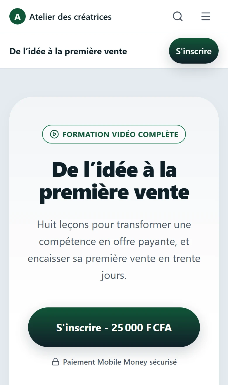 La page de vente d’une formation sur un téléphone : le prix en FCFA et le paiement par Mobile Money